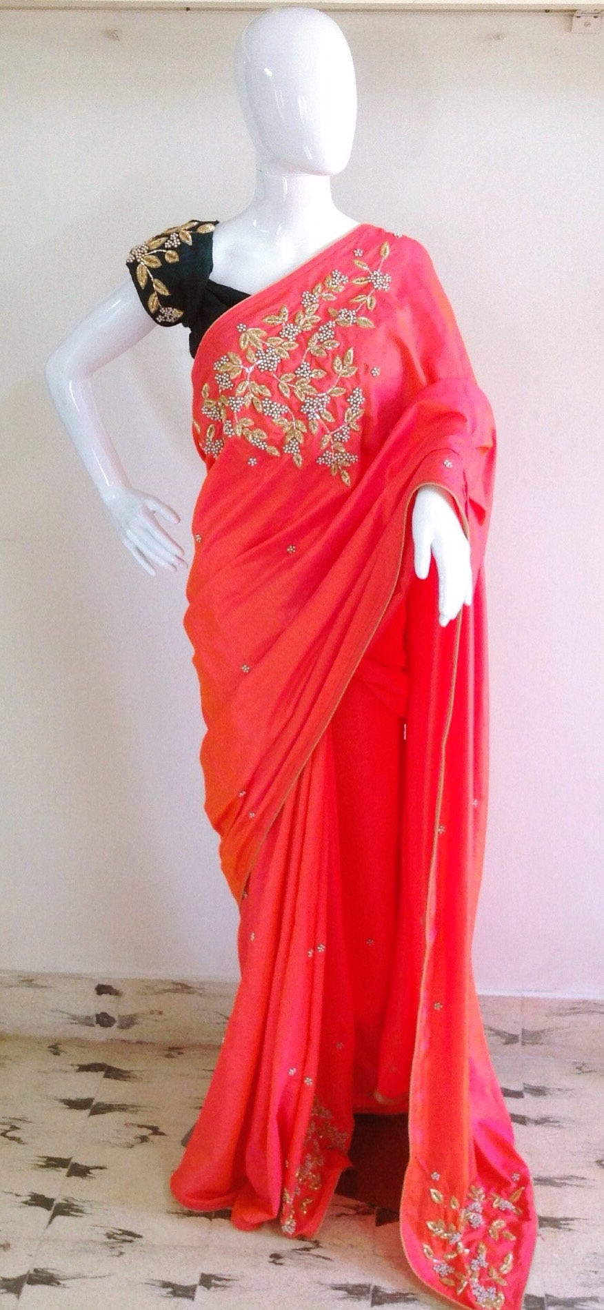 Pink Mukaish Hand Embroidered Semi Raw Silk Saree with Dark Green Blouse