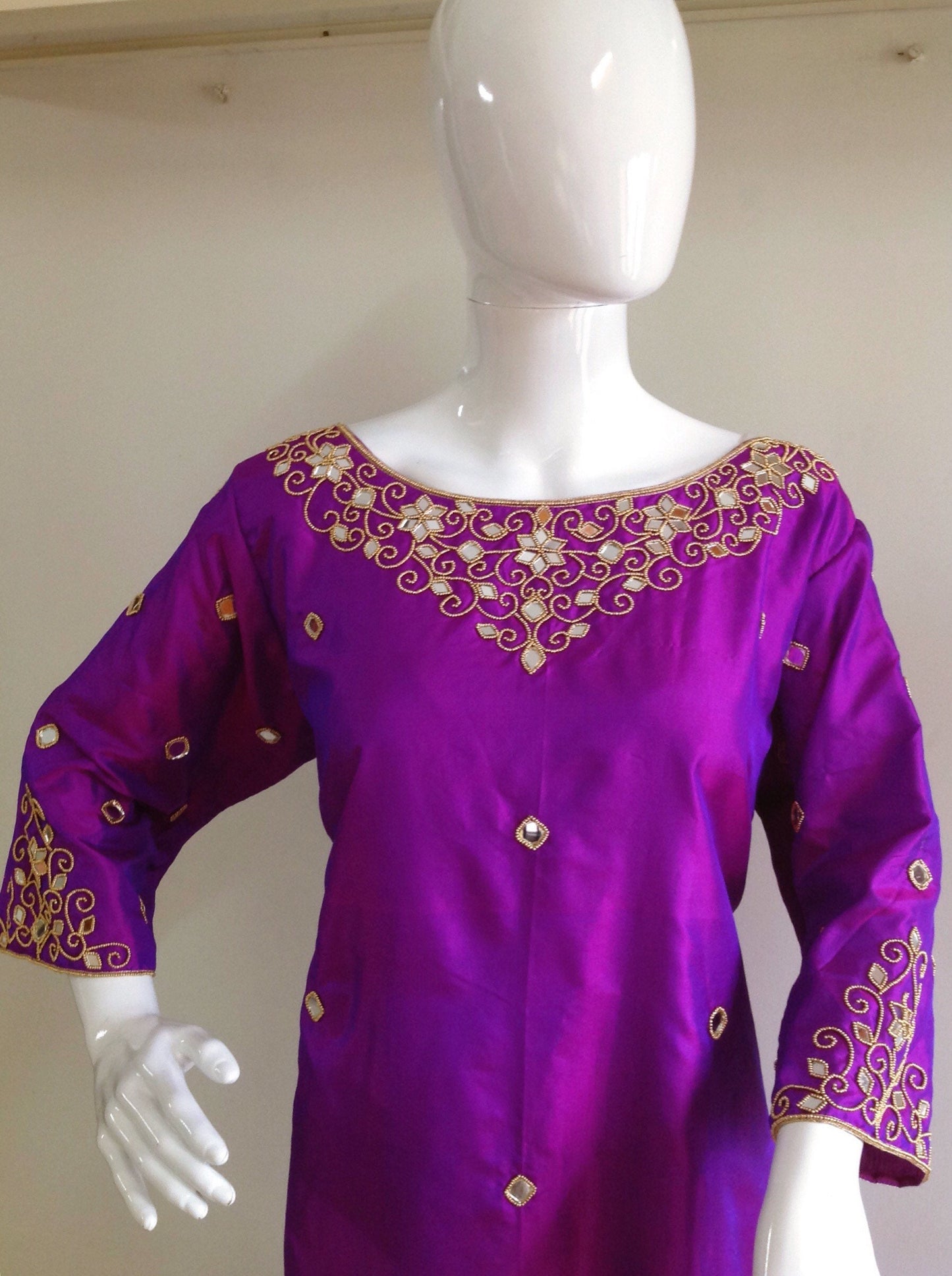Pure silk kurta with mirror hand embroidery and matching straight pants