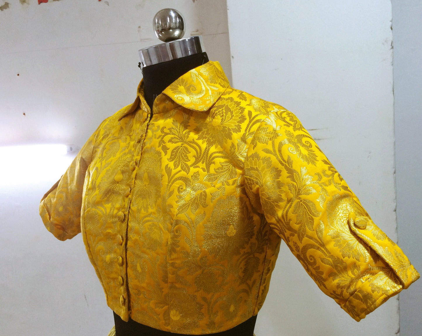 Shirt collar yellow brocade saree blouse