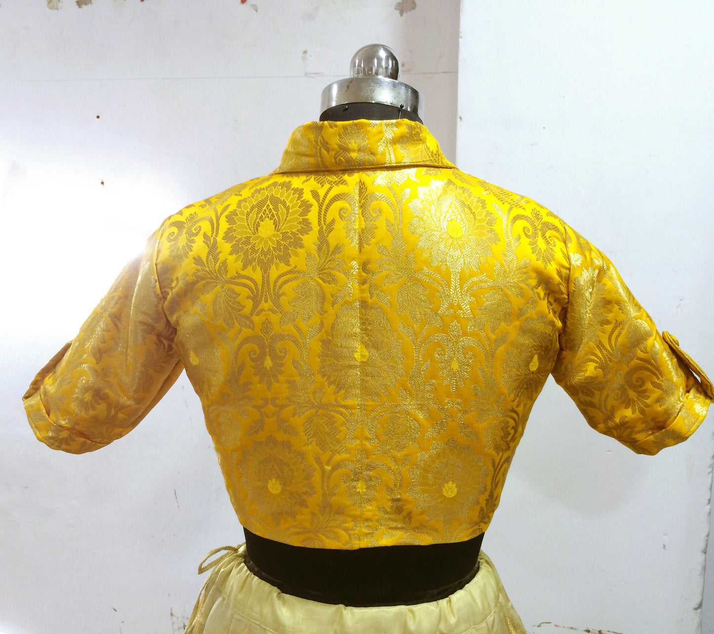Shirt collar yellow brocade saree blouse