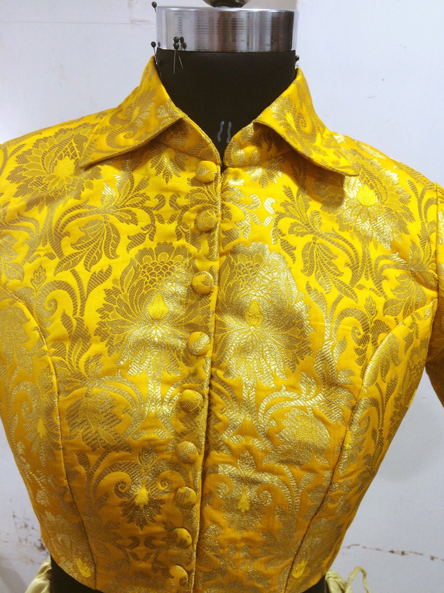Shirt collar yellow brocade saree blouse
