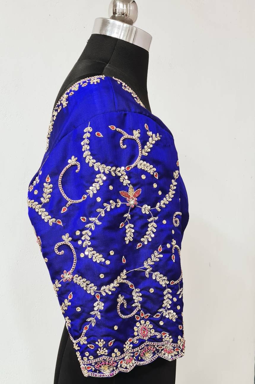 Custom fit royal blue pure raw silk blouse with kundan work