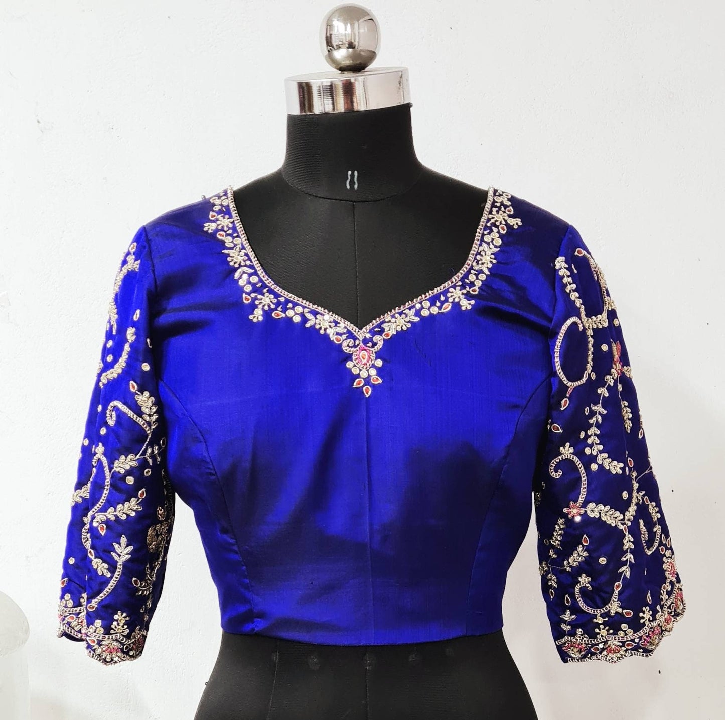 Custom fit royal blue pure raw silk blouse with kundan work