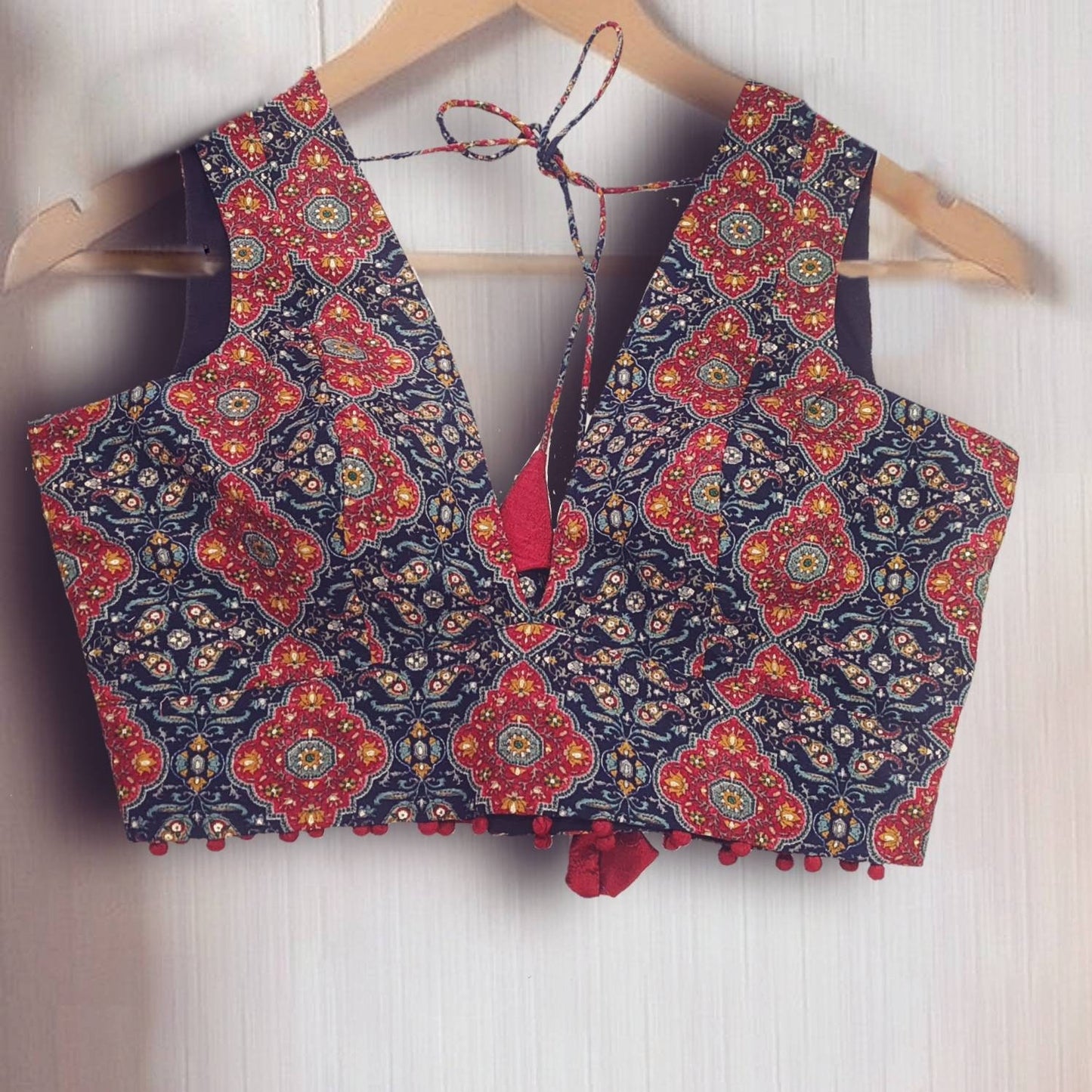 Ajrakh multicolor cotton V neck blouse with navy blue base