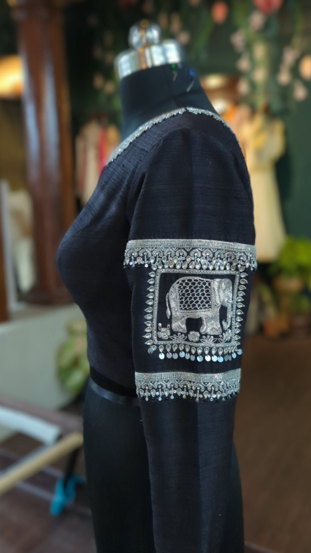 Black Raw Silk Blouse - Silver Zardozi Embroidery - Full Sleeve Boat Neck - Custom Fit Indian Blouse