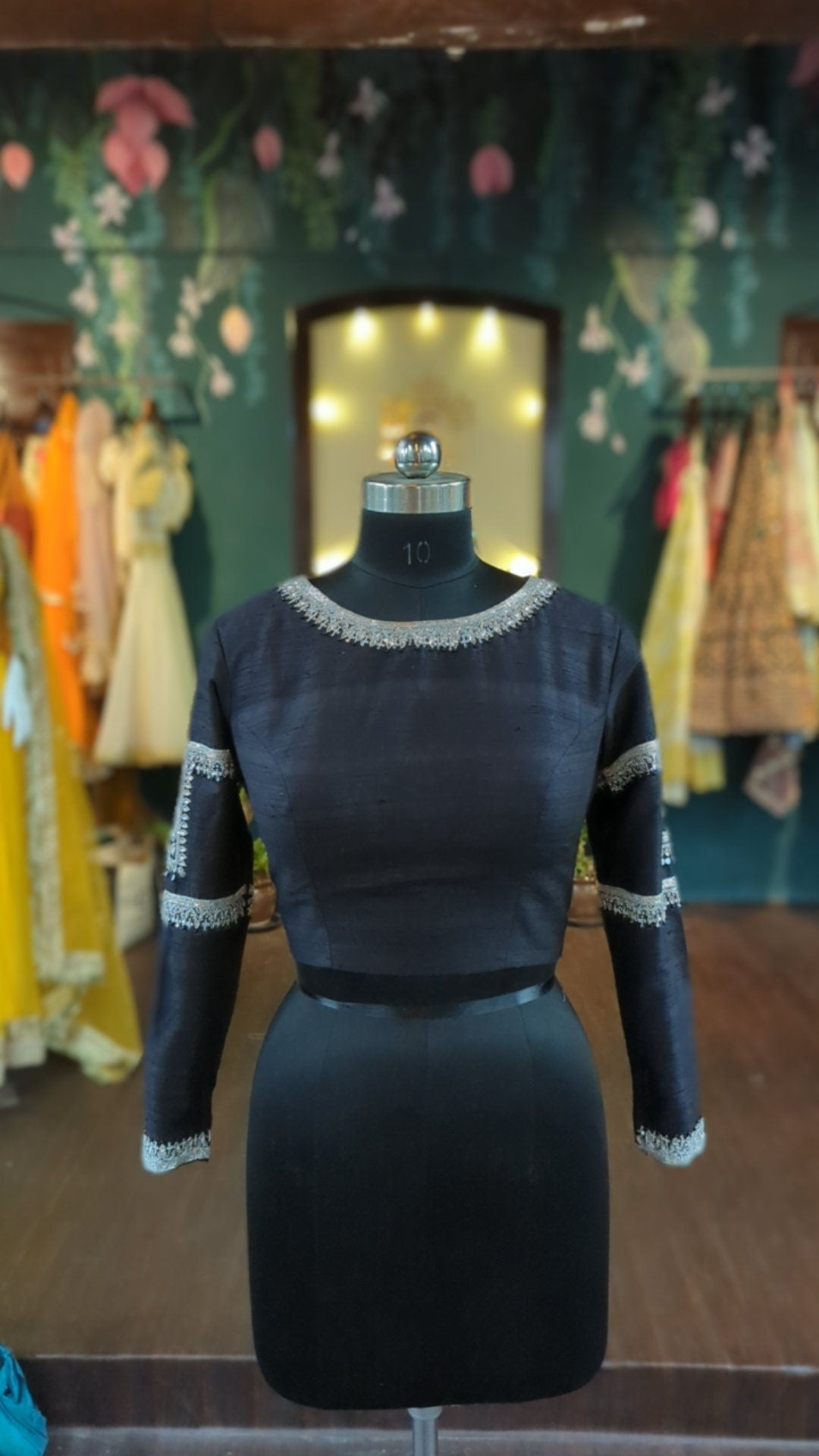 Black Raw Silk Blouse - Silver Zardozi Embroidery - Full Sleeve Boat Neck - Custom Fit Indian Blouse