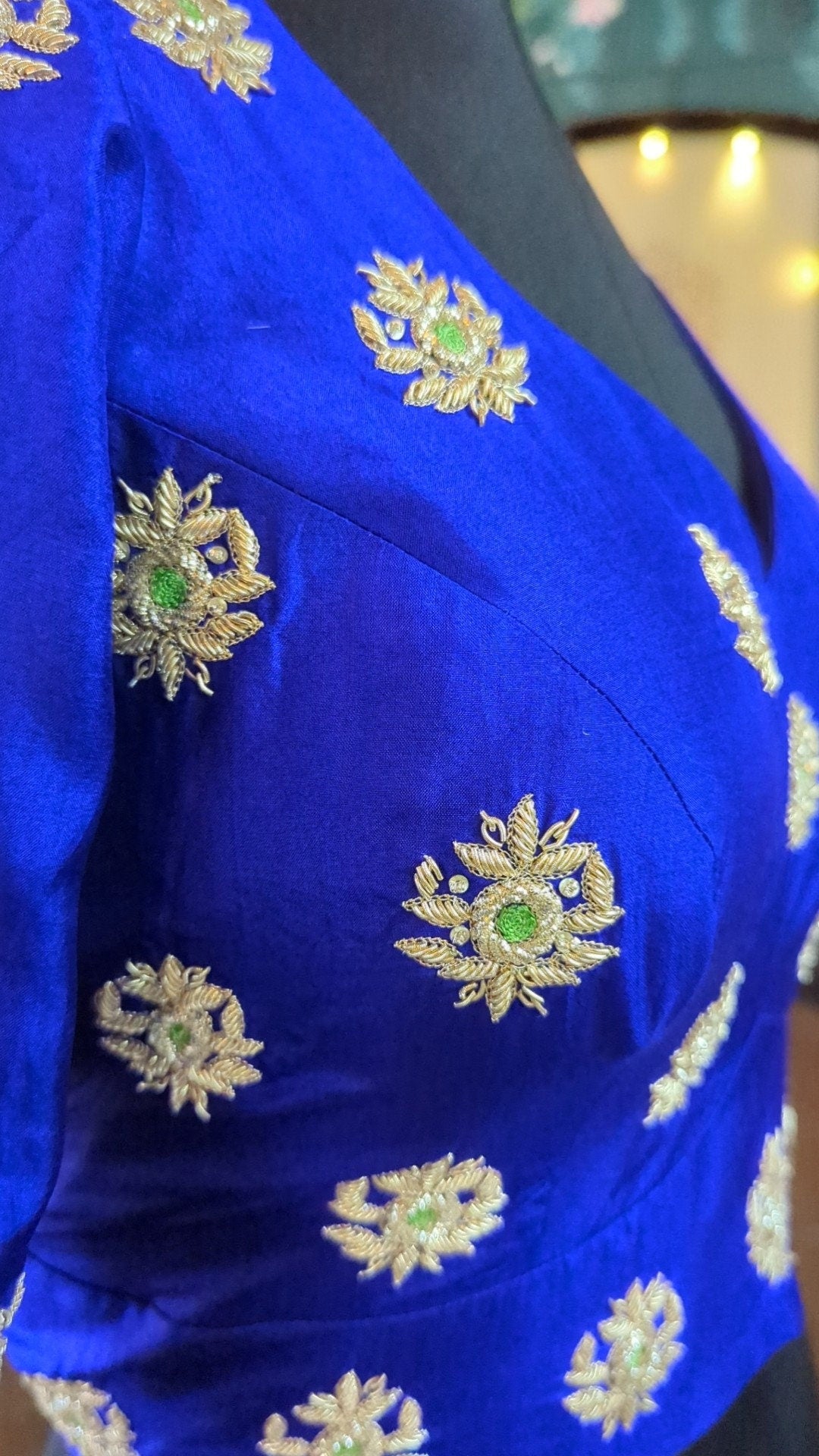 Royal Blue Raw Silk Sweetheart Neck Blouse with Heavy Zardozi Embroidery