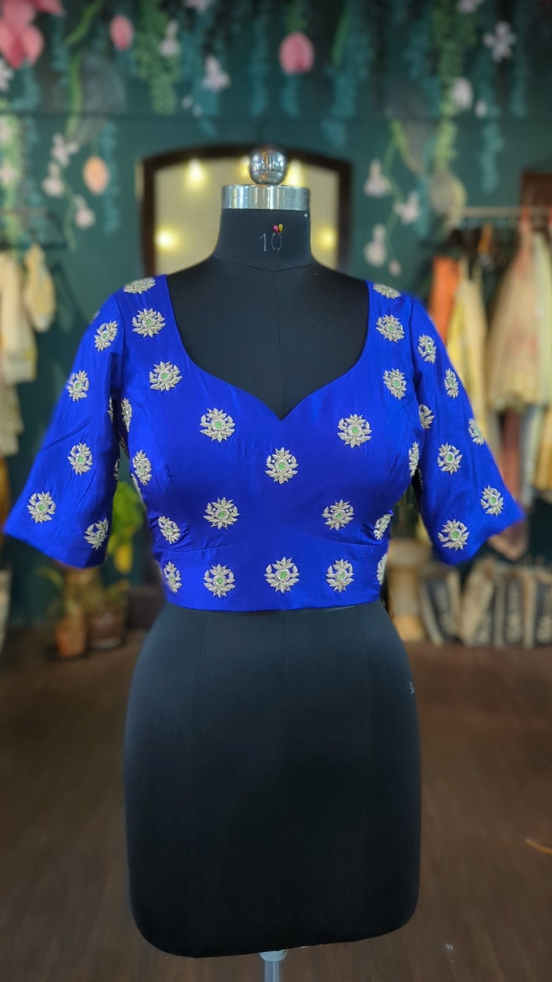 Royal Blue Raw Silk Sweetheart Neck Blouse with Heavy Zardozi Embroidery