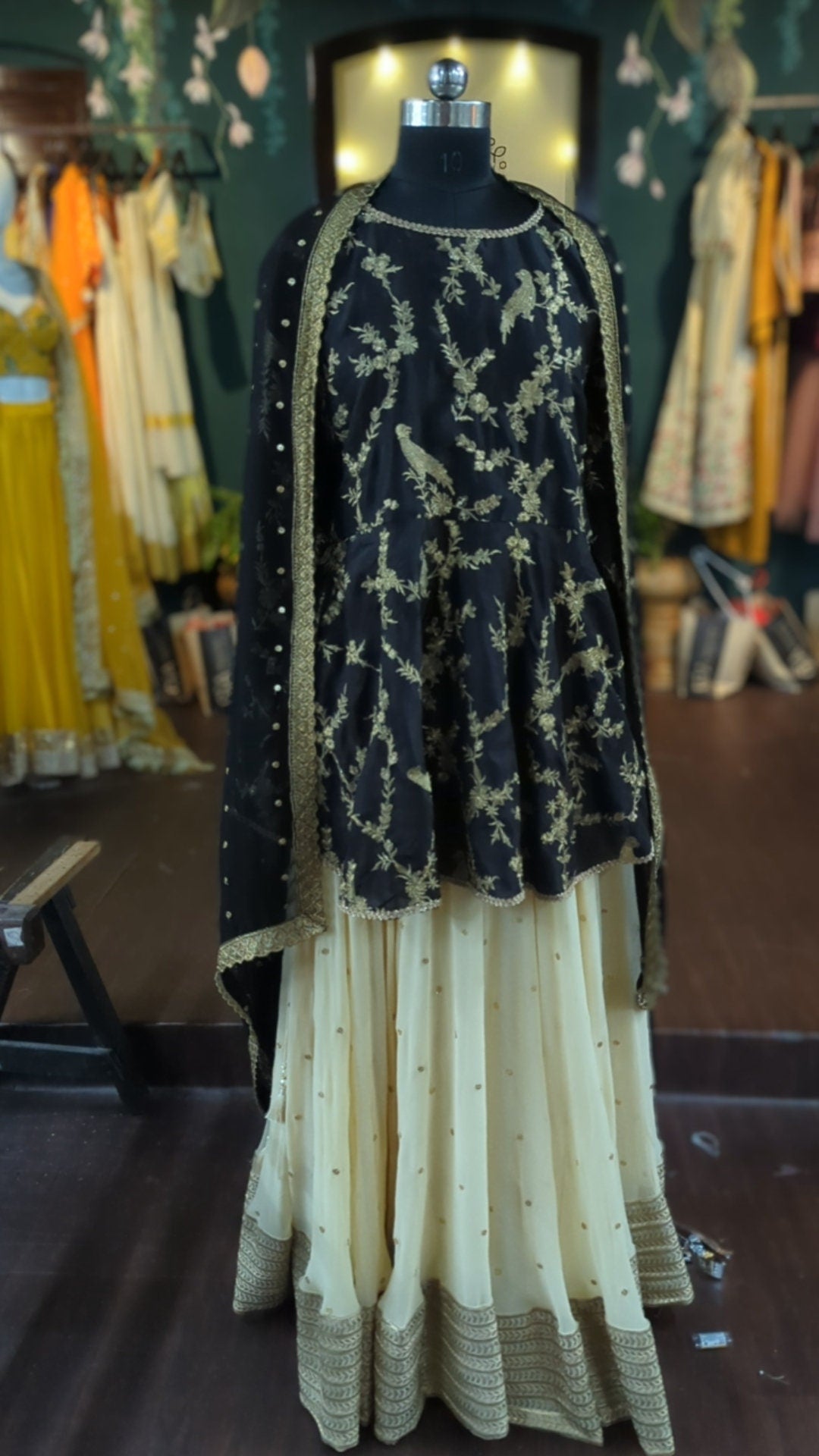 Black Silk Peplum Top and Gold Embroidery Georgette Skirt Set | Long Peplum Top and Flared Skirt | Custom Made