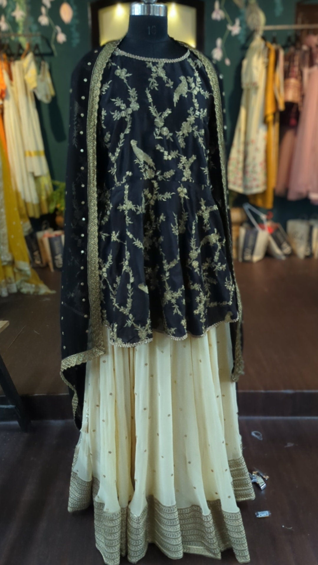 Black Silk Peplum Top and Gold Embroidery Georgette Skirt Set | Long Peplum Top and Flared Skirt | Custom Made