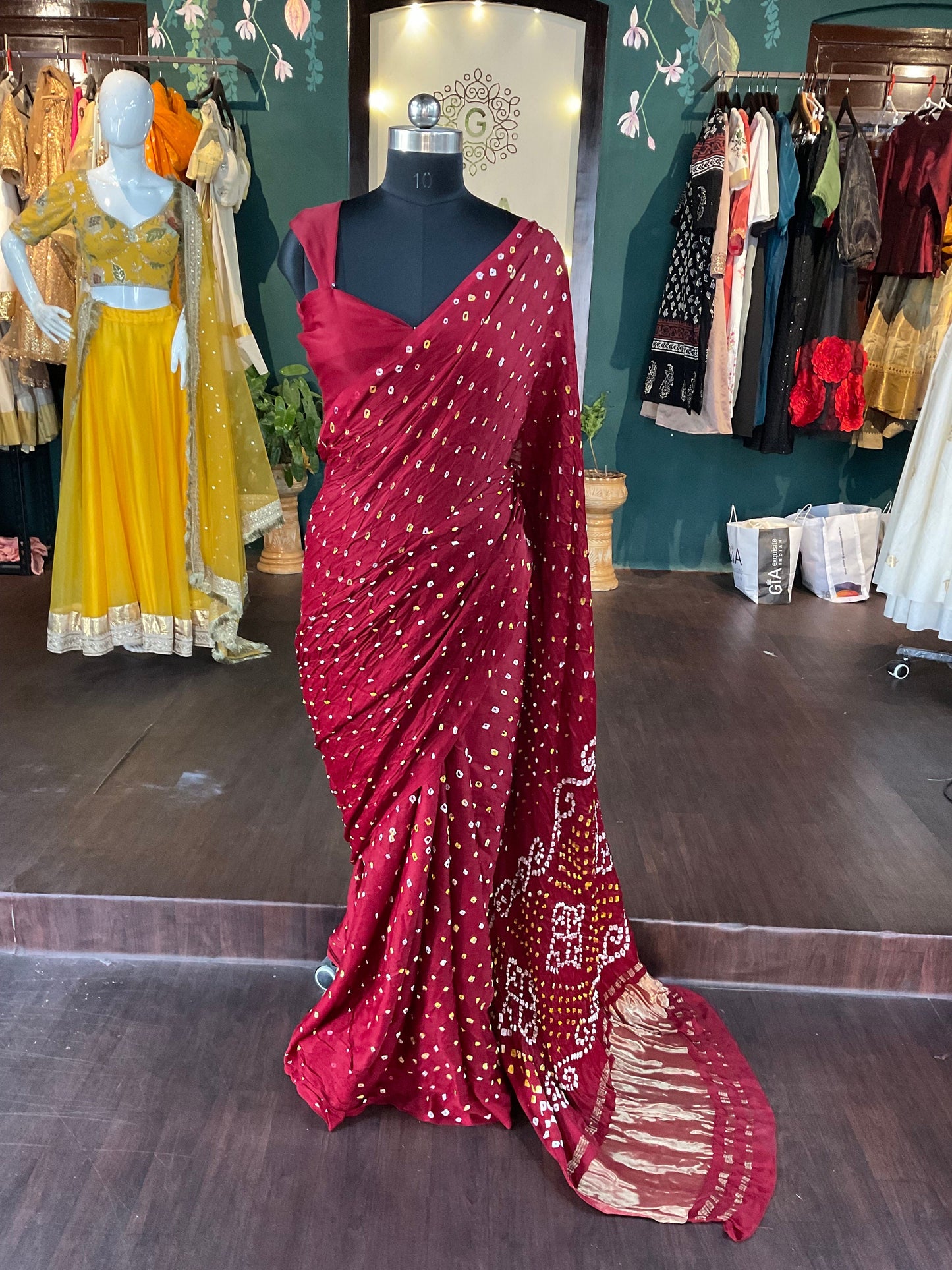 Authentic hand done bandhani on blood red gaji silk with zari border with ready made blouse