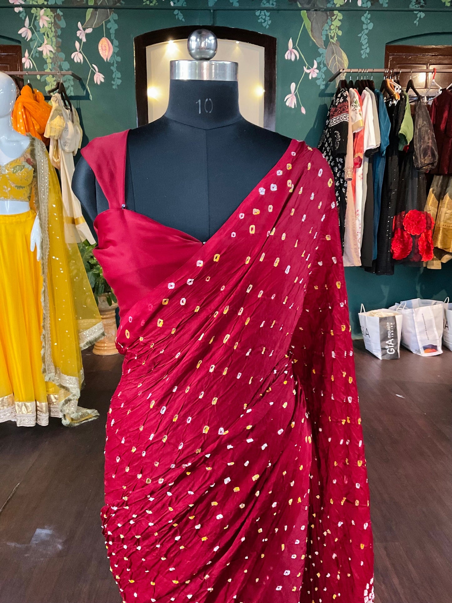 Authentic hand done bandhani on blood red gaji silk with zari border with ready made blouse