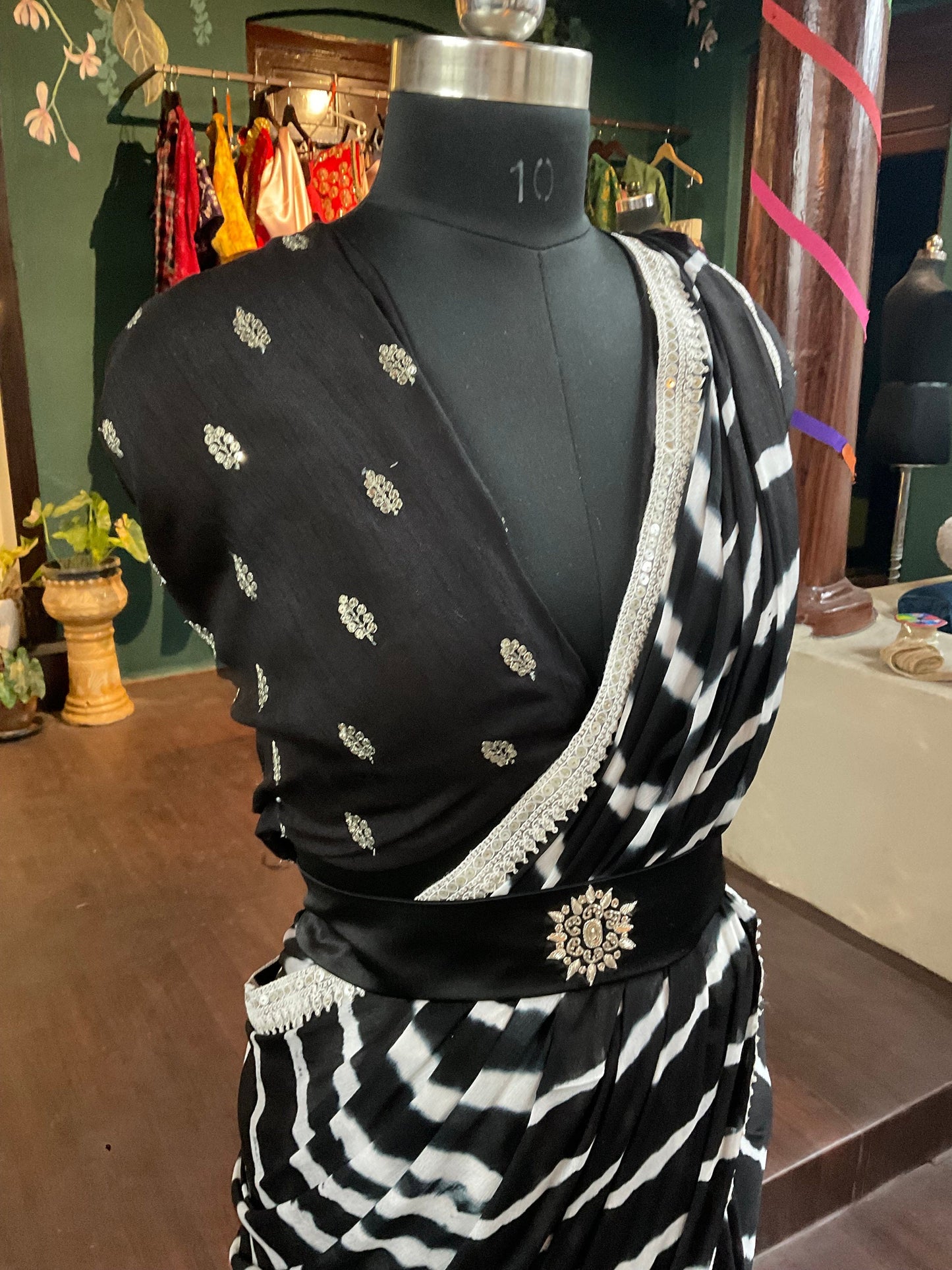 Beautiful black and white shibori saree with raw silk blouse