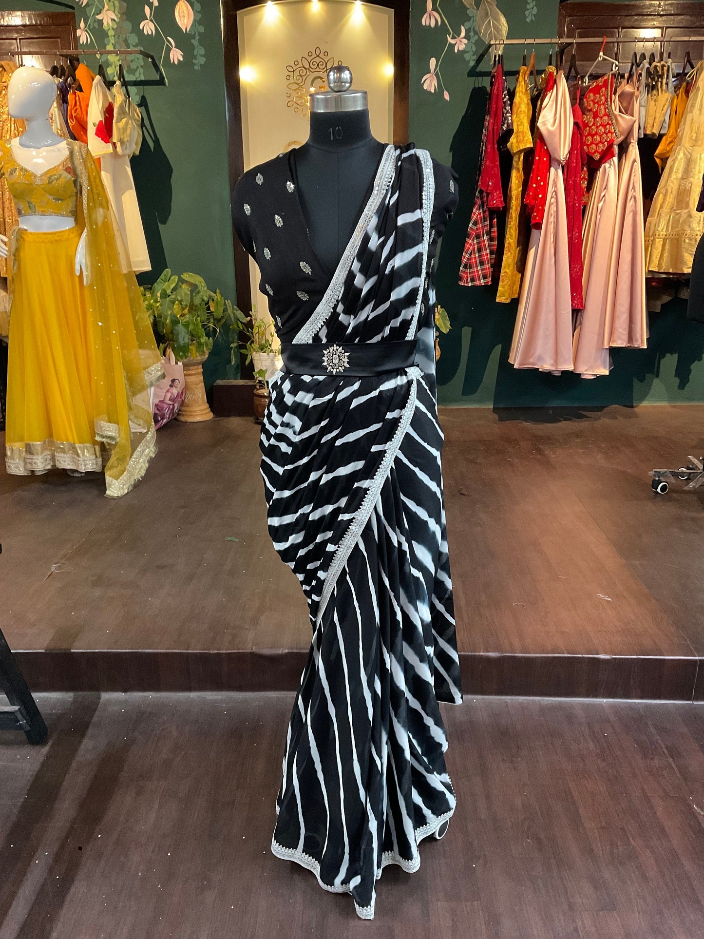 Beautiful black and white shibori saree with raw silk blouse