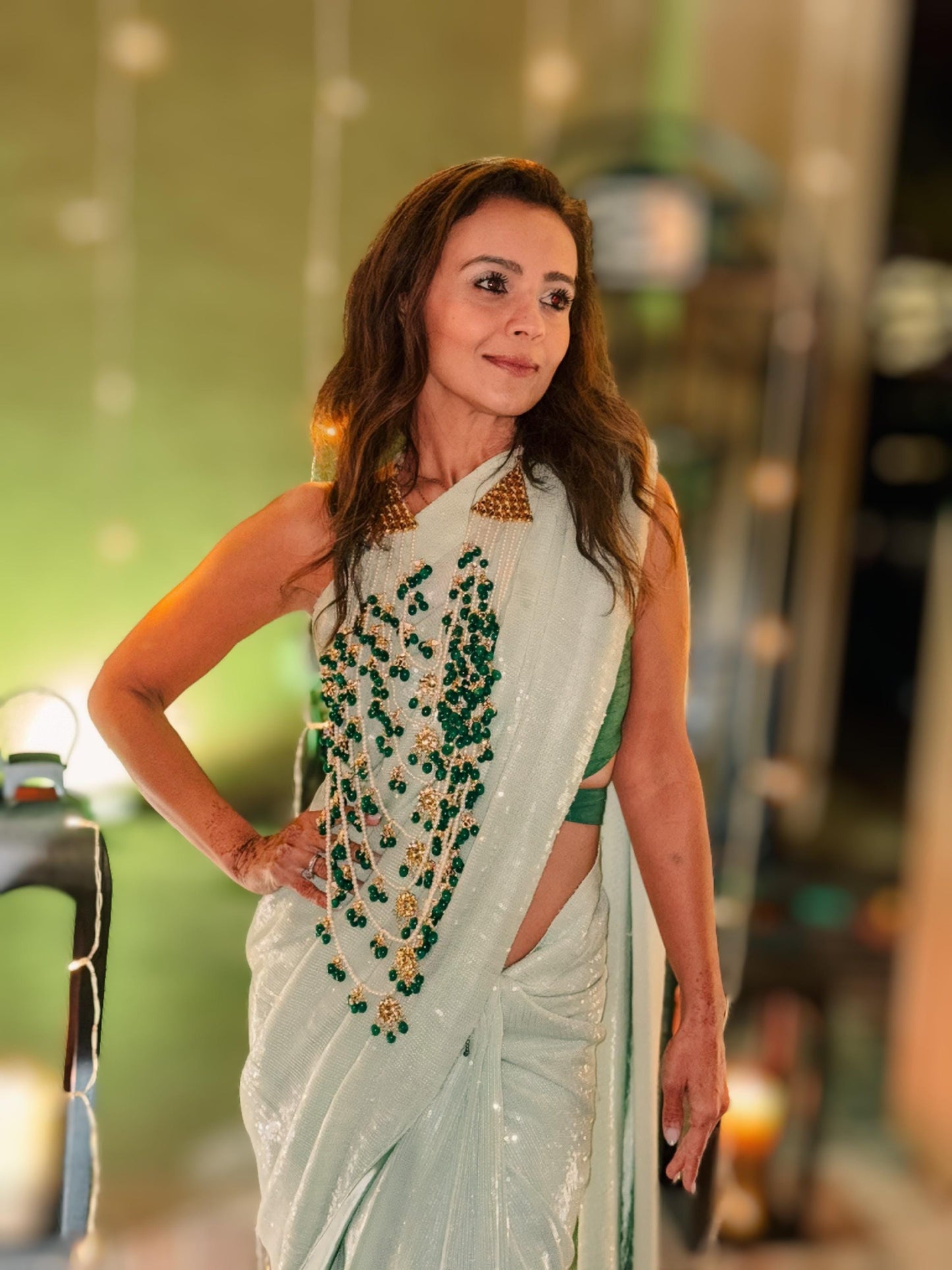 Sequin saree in custom colors with matching unstitched blouse fabric