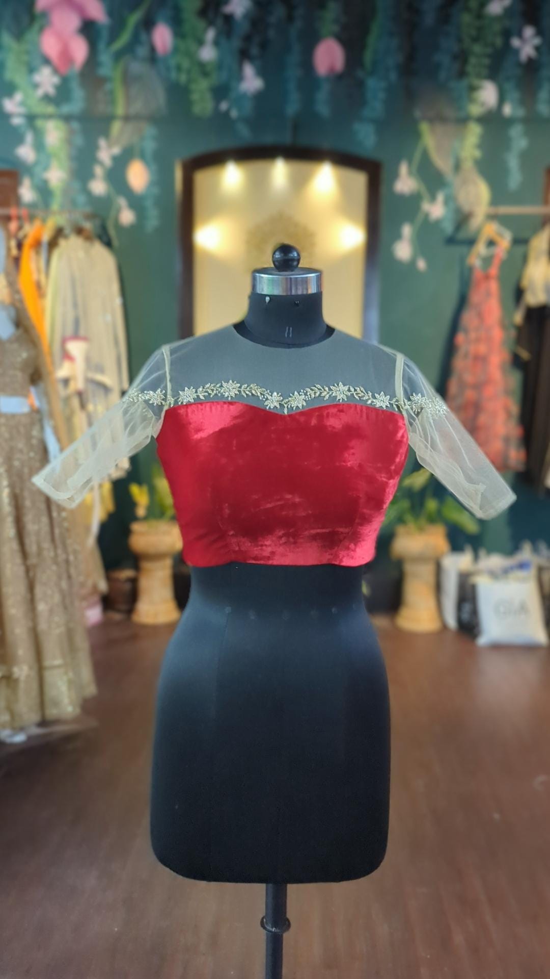 Red Velvet Blouse with Zardozi Embroidery & Illusion Neckline | Custom Stitched Indian Saree Blouse