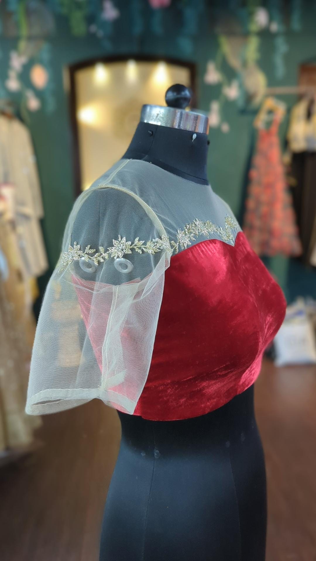 Red Velvet Blouse with Zardozi Embroidery & Illusion Neckline | Custom Stitched Indian Saree Blouse