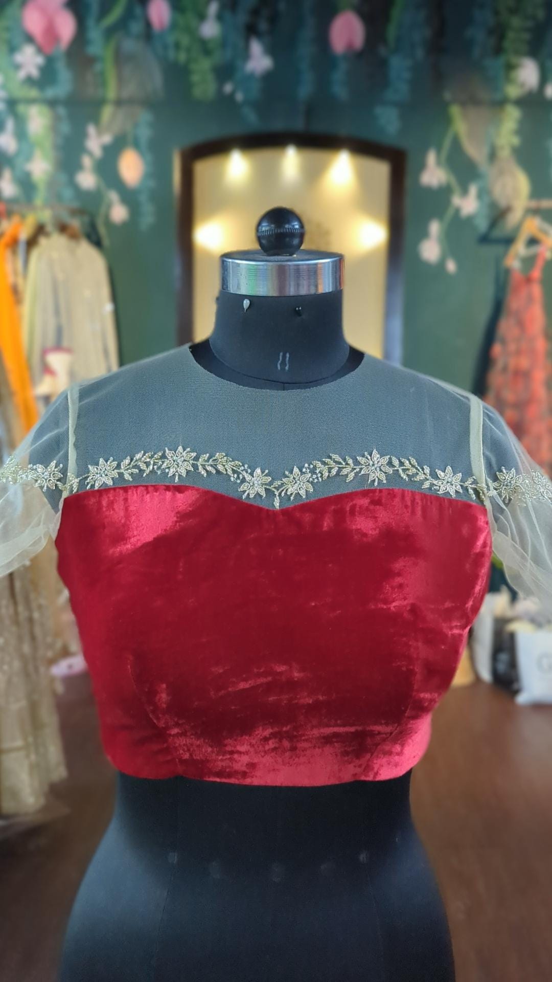 Red Velvet Blouse with Zardozi Embroidery & Illusion Neckline | Custom Stitched Indian Saree Blouse