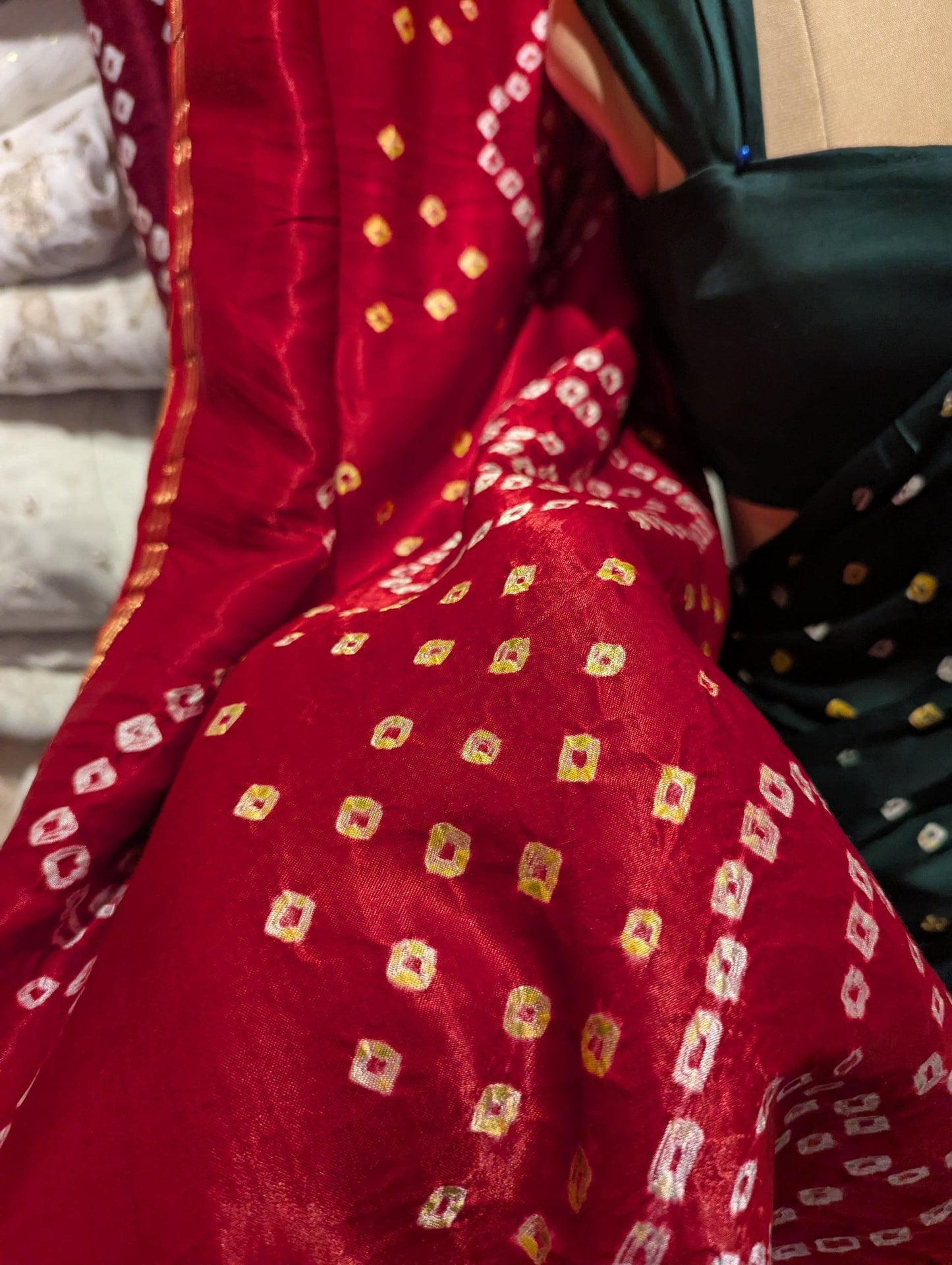 Authentic Bandhani Gaji Silk Saree - Zari Border Saree - Ready-Made Bandhani Blouse - Indian Wedding Saree