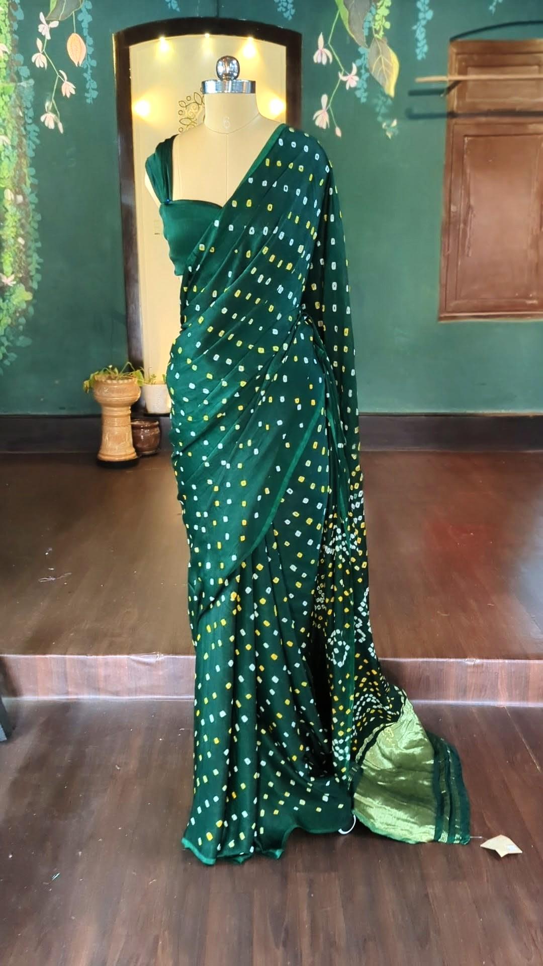 Authentic Bandhani Gaji Silk Saree - Zari Border Saree - Ready-Made Bandhani Blouse - Indian Wedding Saree