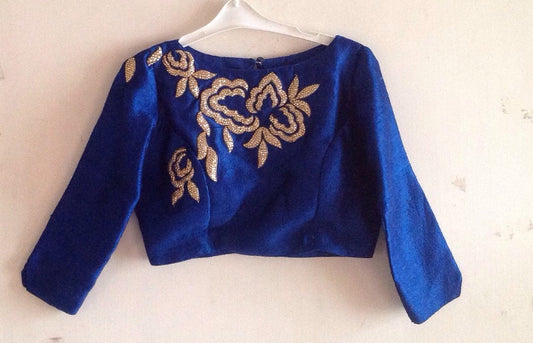 Royal blue Hand embroidered raw silk blouse