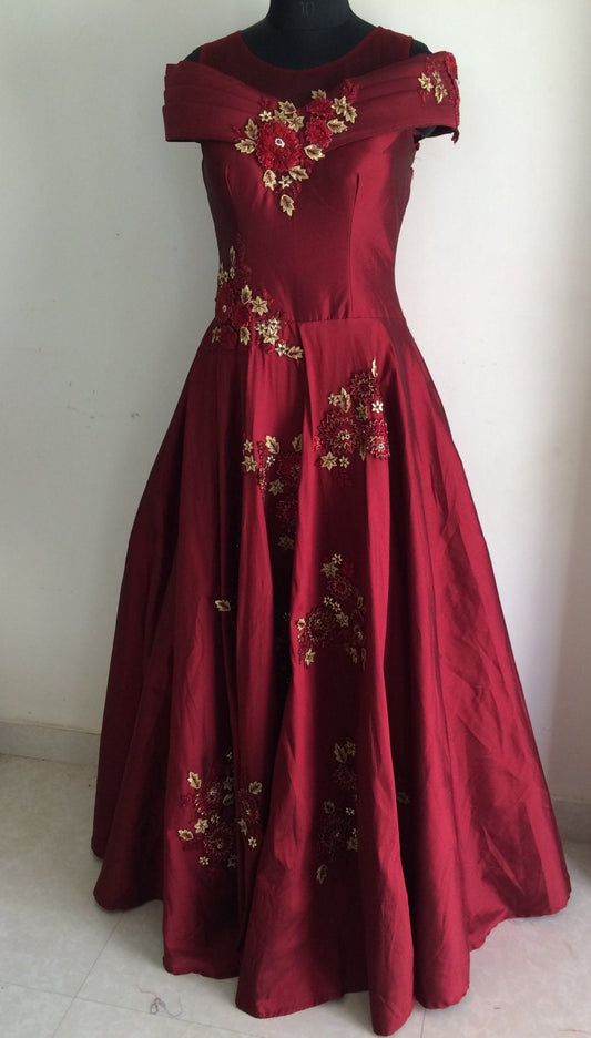 Custom made maroon silk evening gown with hand embroidery