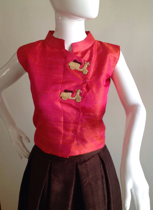 Sleeveless Raw Silk Crop Top with Hand Zardosi Embroidery | Custom Color Designer Vest | Indian Ethnic Wear