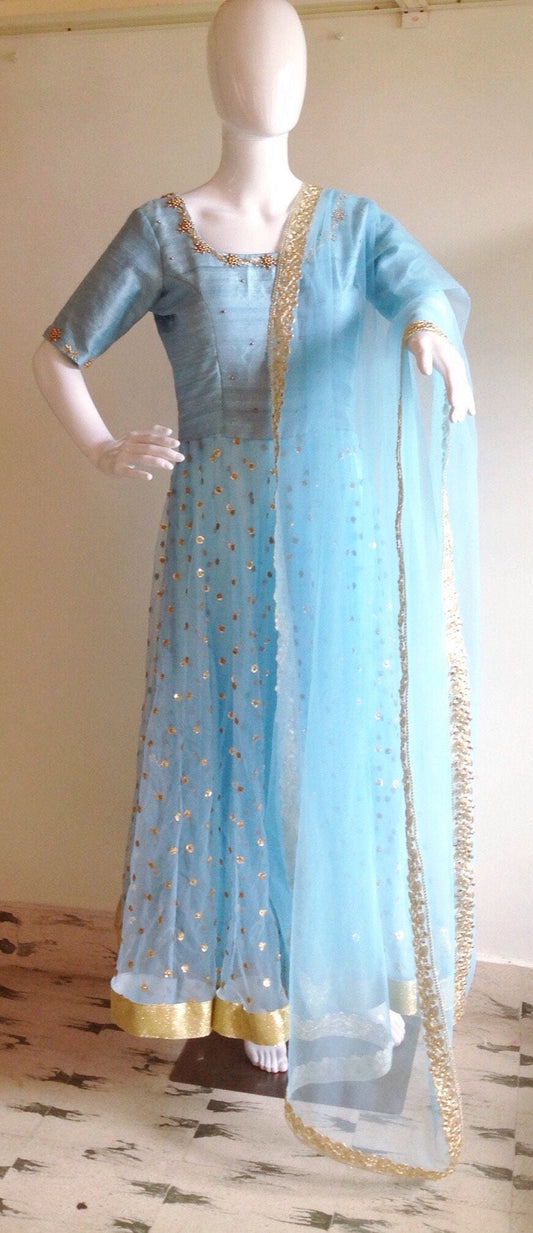 Designer Sequin Net Anarkali Suit | Raw Silk Bead Work Bodice | Hand Embroidered