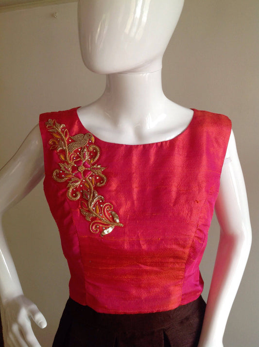 Peach pink raw silk crop top with zardosi design