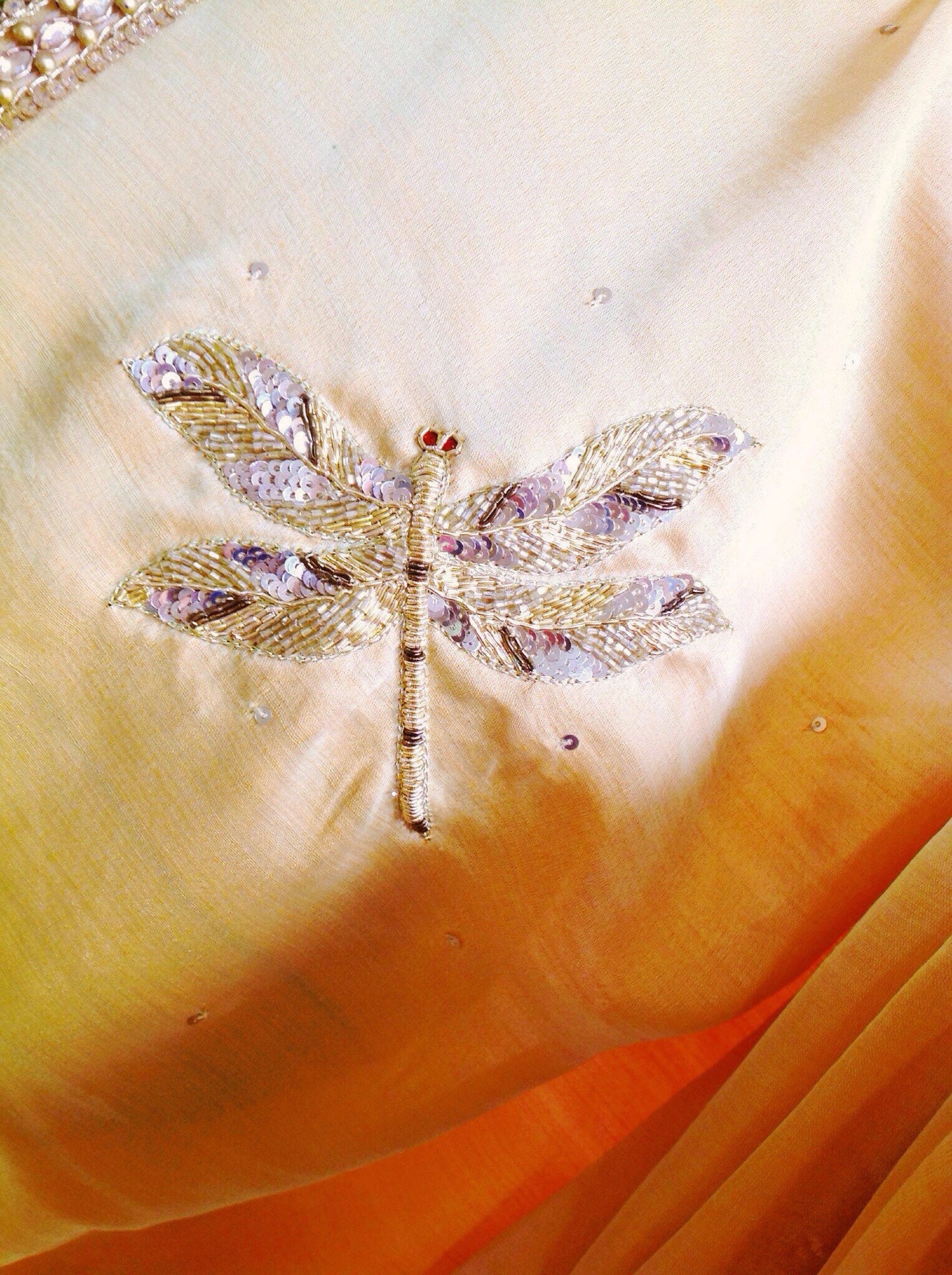 Sunny Yellow Semi Silk Saree with Dragonfly Embroidery | Sequin & Bead Work | Olive Green Blouse