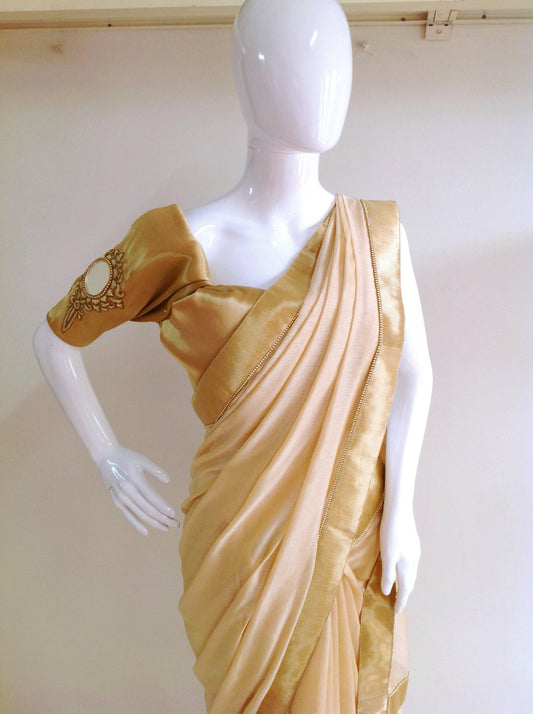 Beige Gold Semi Jute Saree with Handworked Border & Mirror Work Blouse