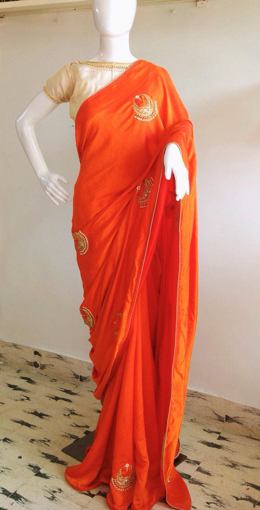 Orange Semi Silk Saree with Chaandbali Embroidery & Matching Blouse