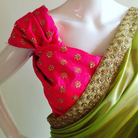 Lime green butter (semi) silk saree with pink sequin embroidery blouse