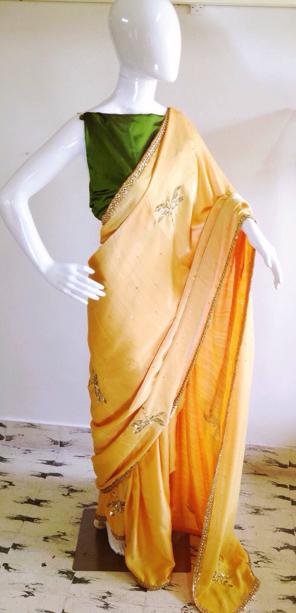 Sunny Yellow Semi Silk Saree with Dragonfly Embroidery | Sequin & Bead Work | Olive Green Blouse