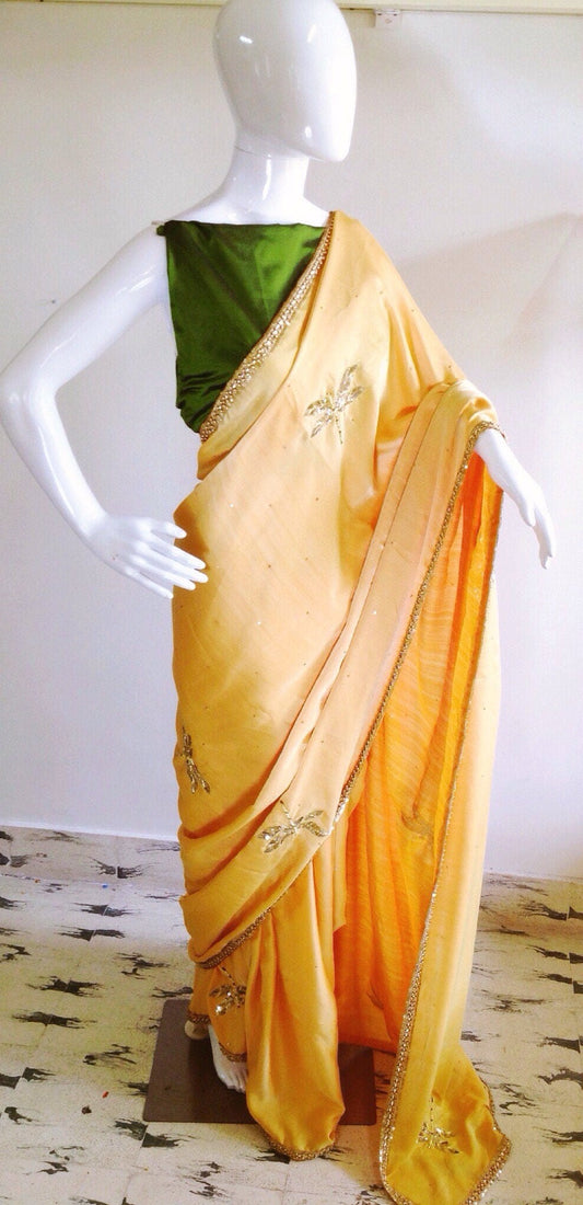 Sunny Yellow Semi Silk Saree with Dragonfly Embroidery | Sequin & Bead Work | Olive Green Blouse
