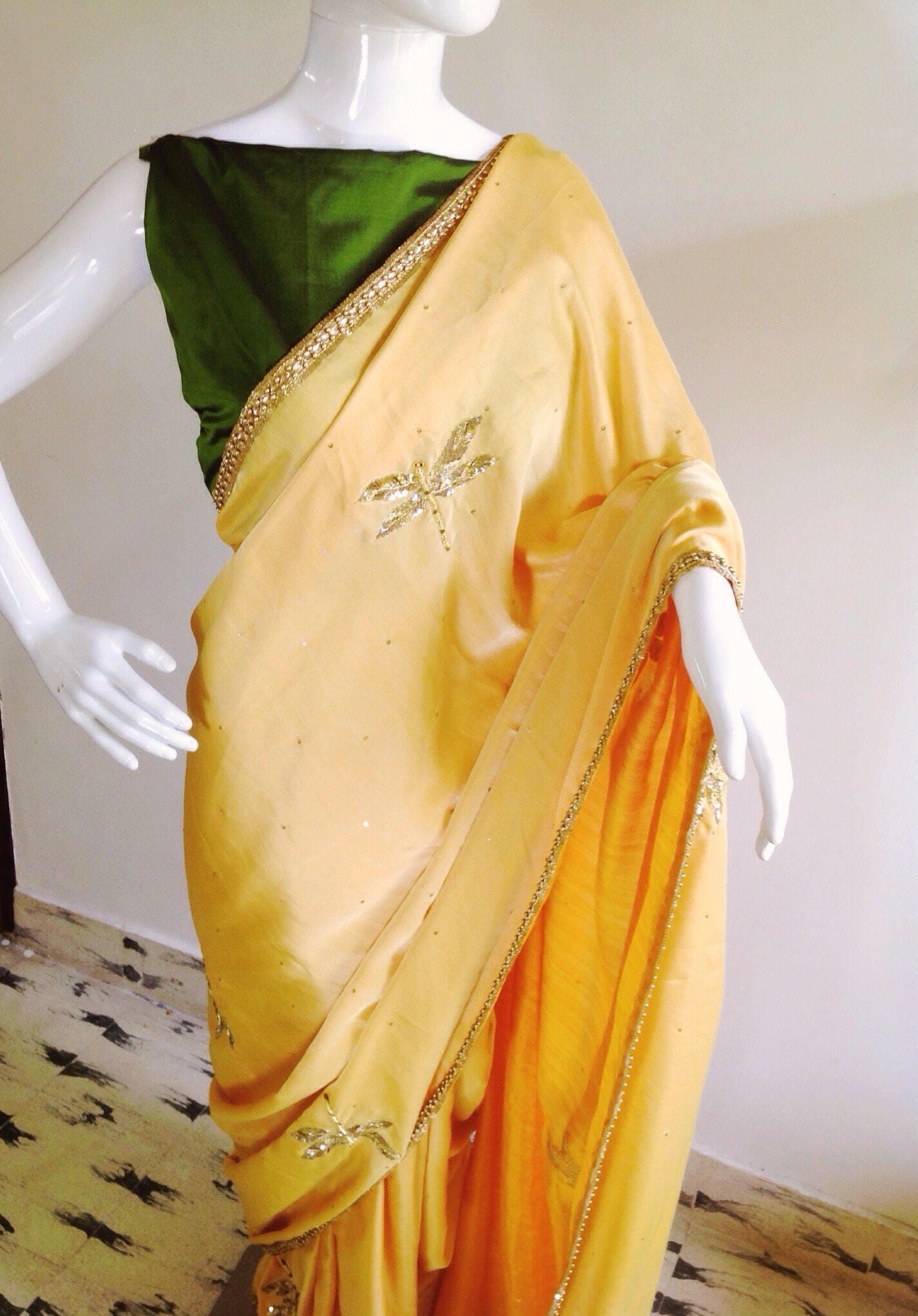 Sunny Yellow Semi Silk Saree with Dragonfly Embroidery | Sequin & Bead Work | Olive Green Blouse