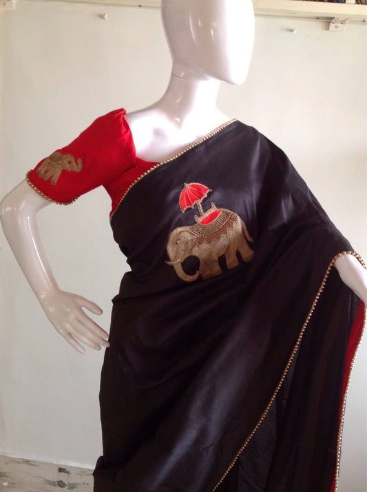 Black Semi-Silk Saree with Elephant Embroidery & Red Pure Silk Blouse
