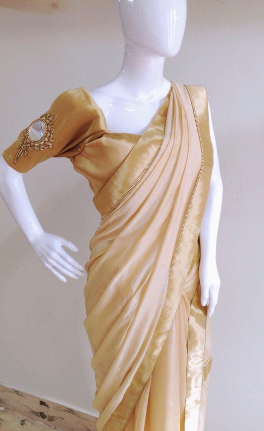 Custom fit gold blouse with mirror work sleeves