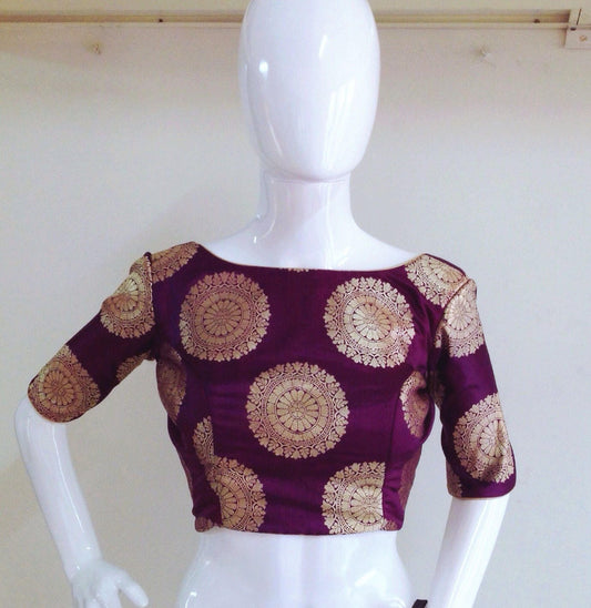 Custom made wine red boat neck brocade blouse in custom colors with simple tassels and back.