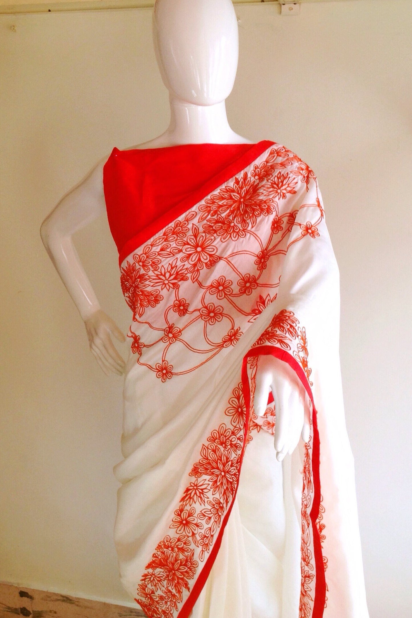 Half White Semi Raw Silk Saree with Hand Embroidered Floral Borders