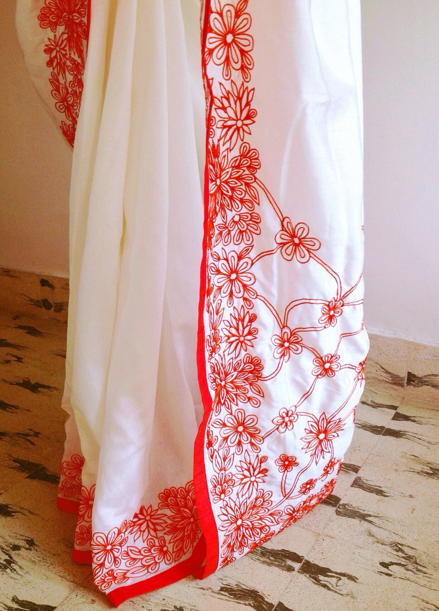 Half White Semi Raw Silk Saree with Hand Embroidered Floral Borders