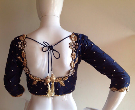 Custom fit Navy blue pure raw silk blouse with pearl work zardosi, sequin and cutwork
