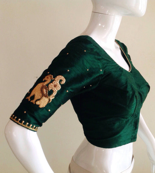 Dark green pure raw silk blouse with peacock embroidery sleeves