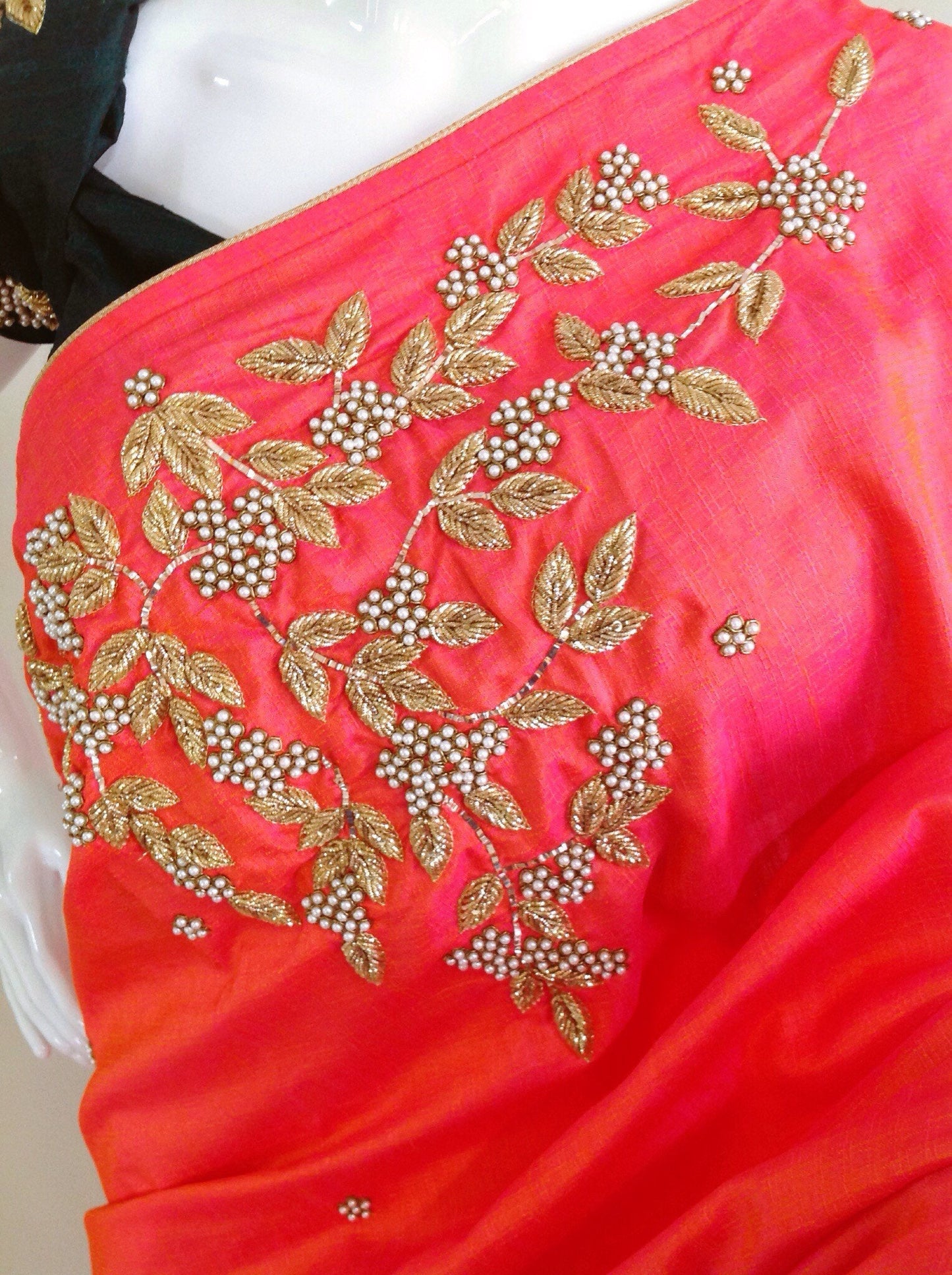 Pink Mukaish Hand Embroidered Semi Raw Silk Saree with Dark Green Blouse