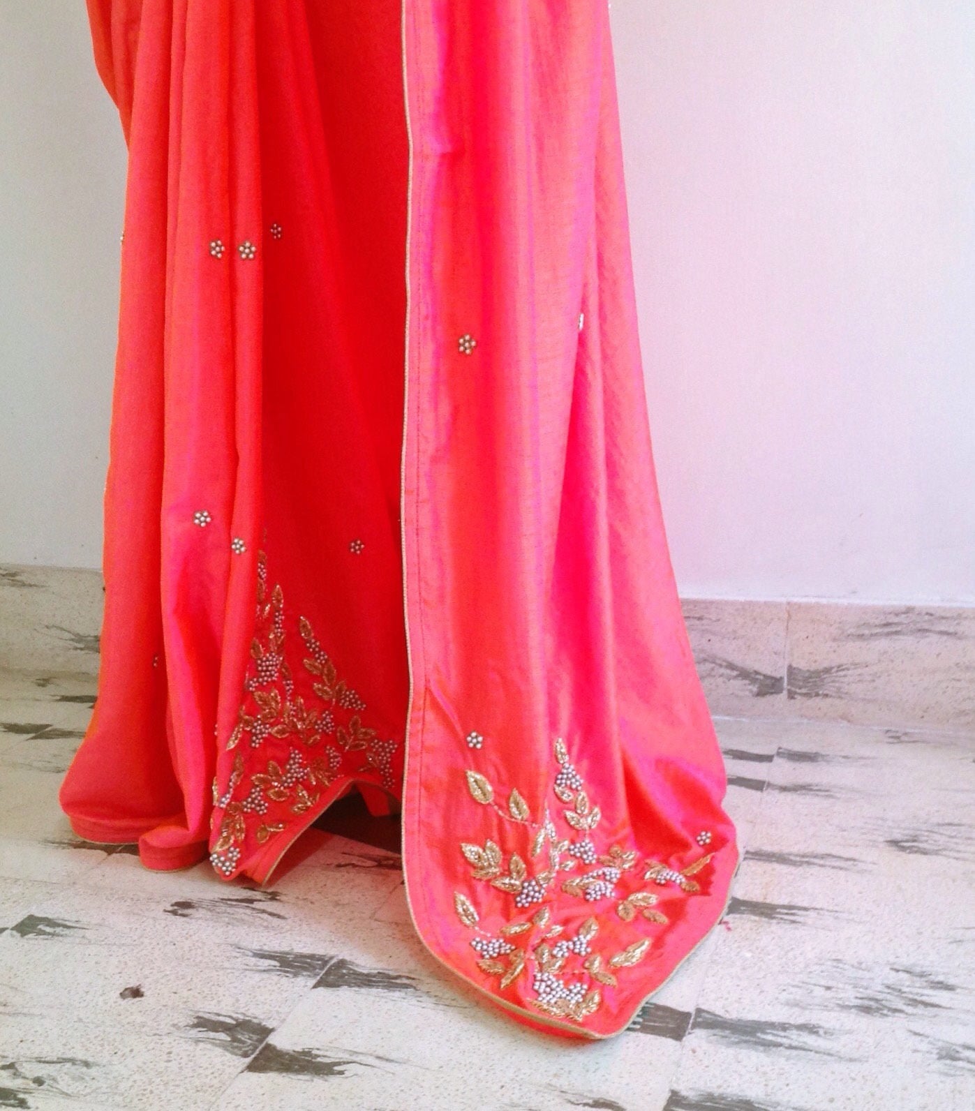 Pink Mukaish Hand Embroidered Semi Raw Silk Saree with Dark Green Blouse