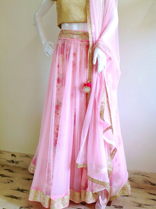 Gold  and  pink tulle  floral lehenga and tulle dupatta