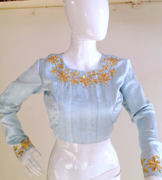 Custom fit sky blue pure raw silk blouse with gota work available in custom colors