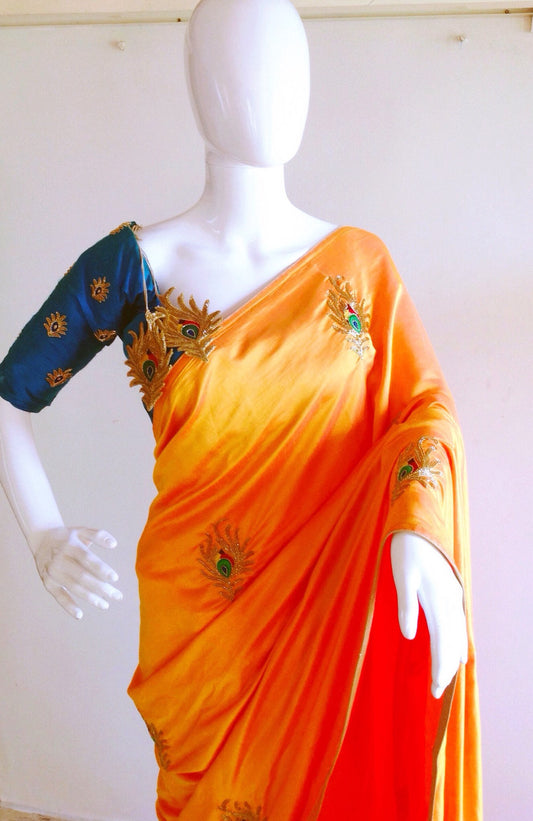 Orange Semi Raw Silk Saree with Hand Embroidered Peacock & Blue Green Blouse | Dupioni Silk Saree