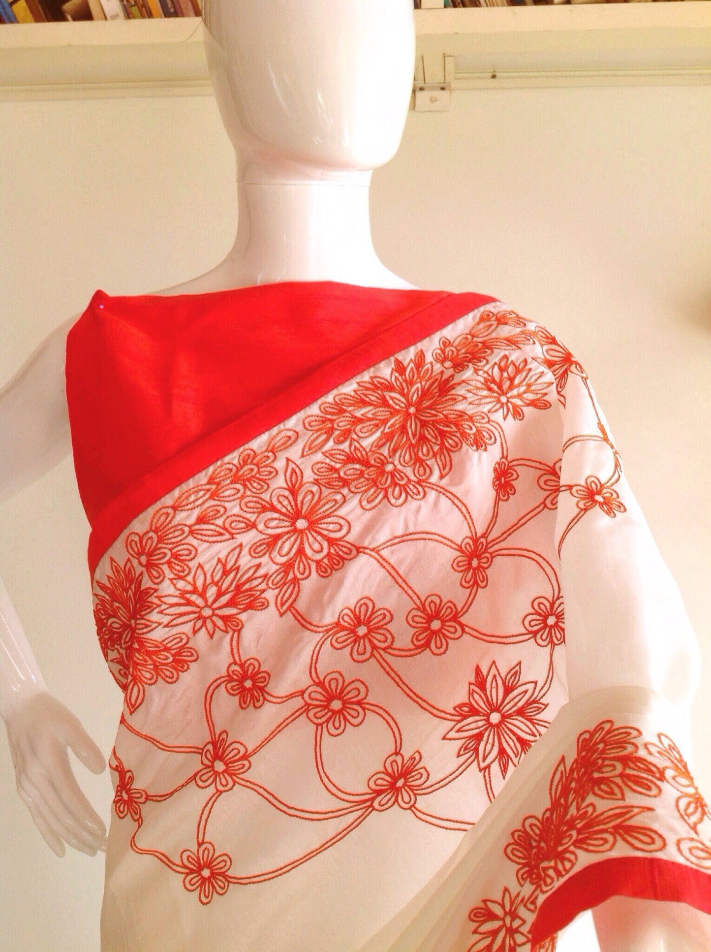 Half White Semi Raw Silk Saree with Hand Embroidered Floral Borders