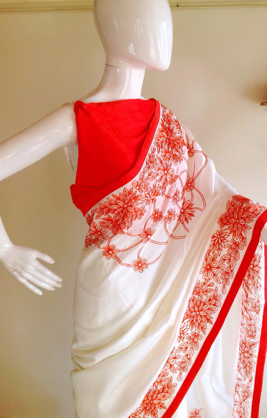 Half White Semi Raw Silk Saree with Hand Embroidered Floral Borders